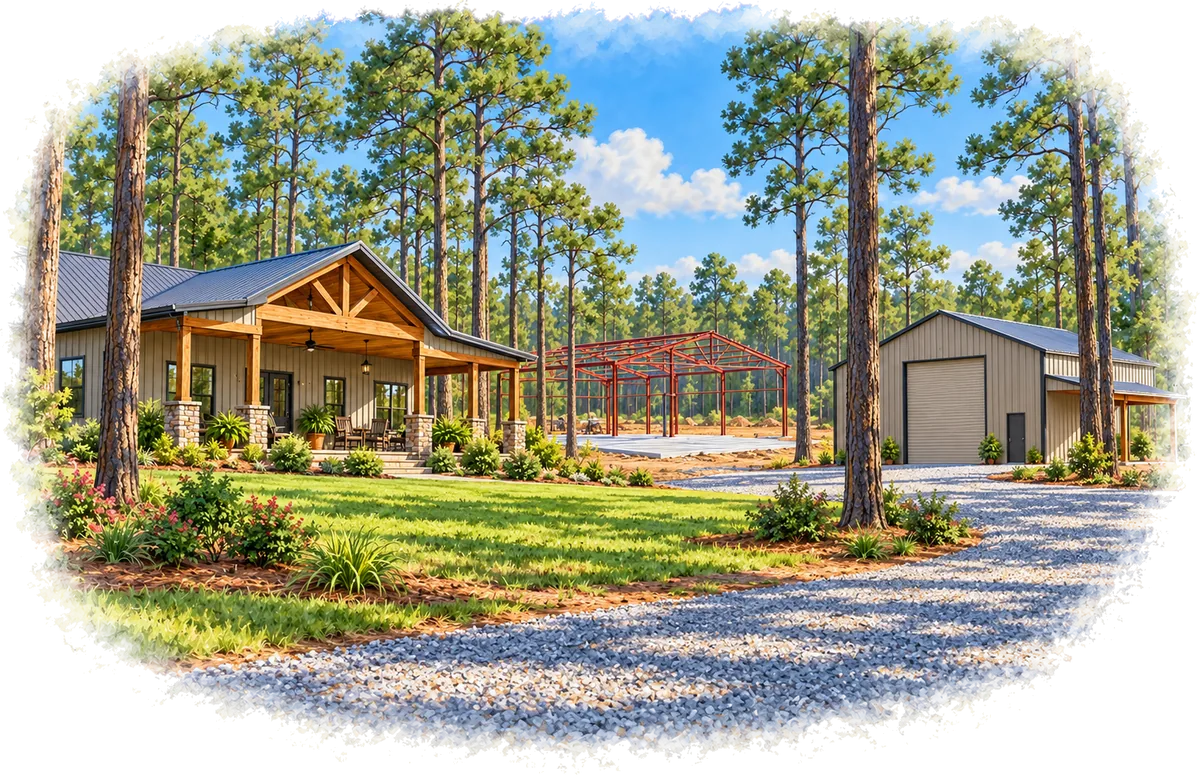 Painted illustration of a metal barndominium and a metal shop on a pine-wooded East Texas homesite with a steel frame going up behind them